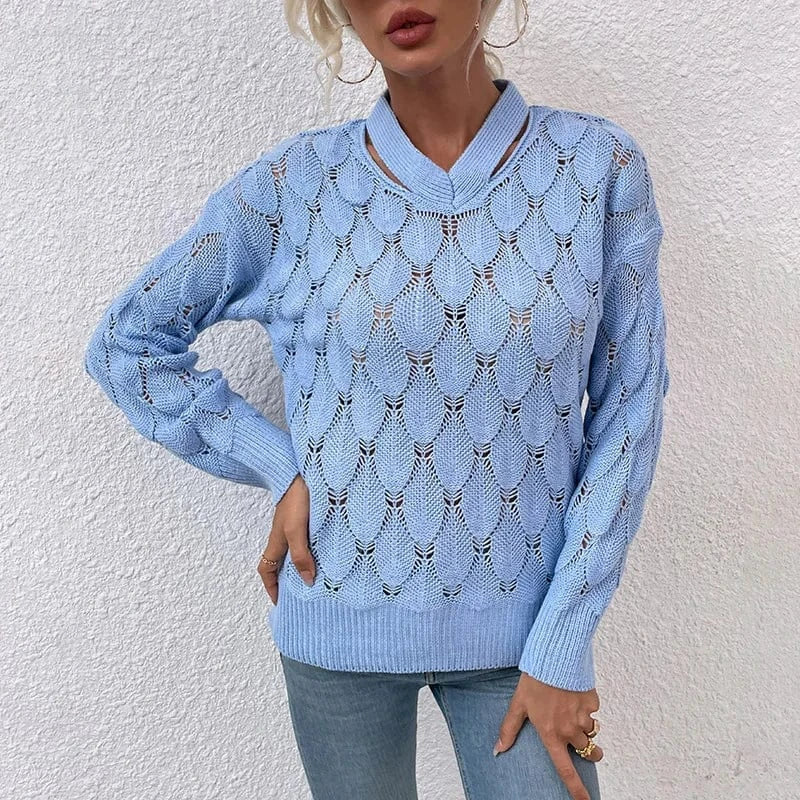 2024 New Trendy Knit V-Neck Off-Shoulder Floral Sweater Women's Autumn Winter Tops Lady Clothing