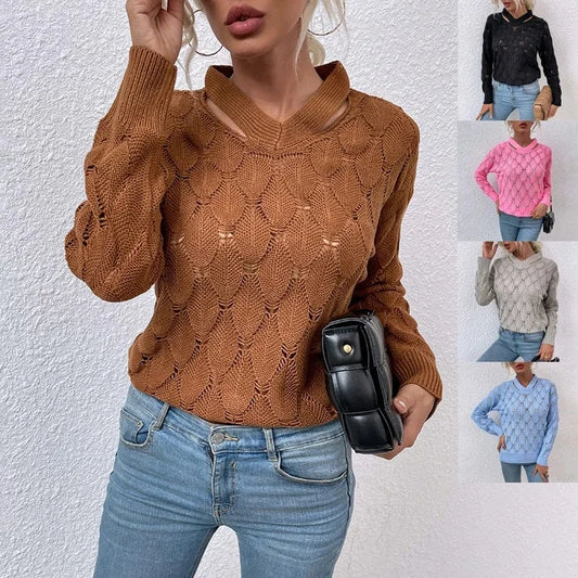 2024 New Trendy Knit V-Neck Off-Shoulder Floral Sweater Women's Autumn Winter Tops Lady Clothing