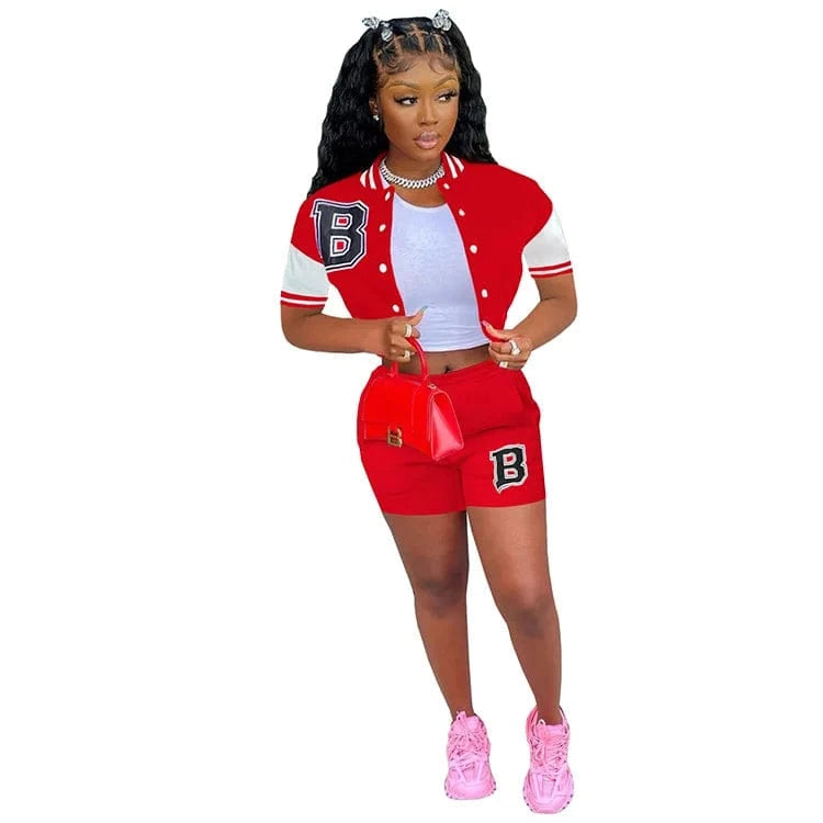 2024 New Trendy Ladies Baseball Uniform Tracksuit Short Sleeve Jacket Letter Print Patchwork Women Shorts Two Piece Set