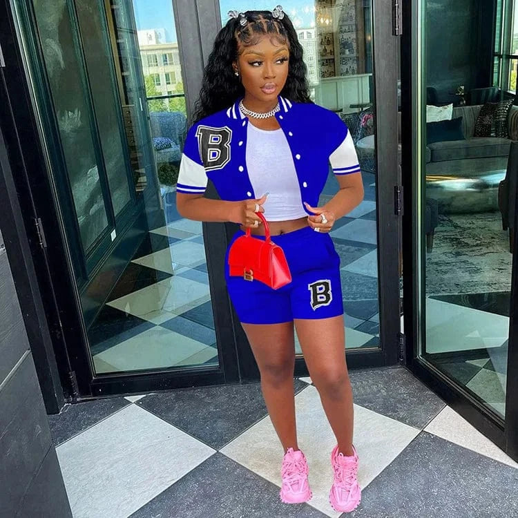2024 New Trendy Ladies Baseball Uniform Tracksuit Short Sleeve Jacket Letter Print Patchwork Women Shorts Two Piece Set