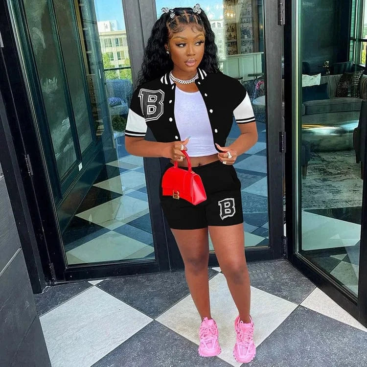 2024 New Trendy Ladies Baseball Uniform Tracksuit Short Sleeve Jacket Letter Print Patchwork Women Shorts Two Piece Set