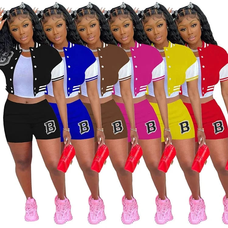 2024 New Trendy Ladies Baseball Uniform Tracksuit Short Sleeve Jacket Letter Print Patchwork Women Shorts Two Piece Set