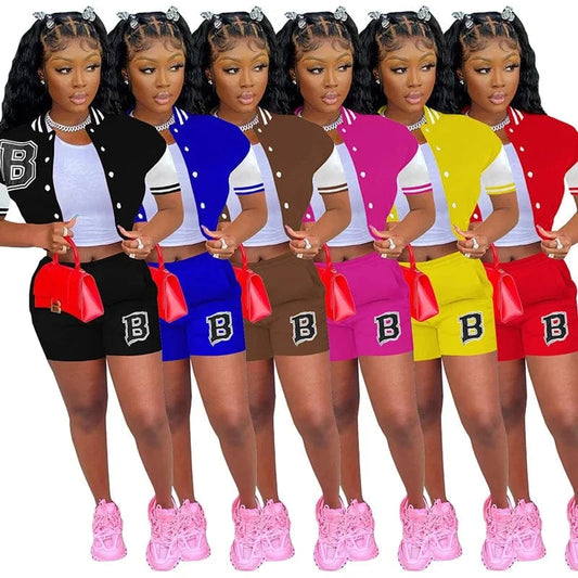 2024 New Trendy Ladies Baseball Uniform Tracksuit Short Sleeve Jacket Letter Print Patchwork Women Shorts Two Piece Set