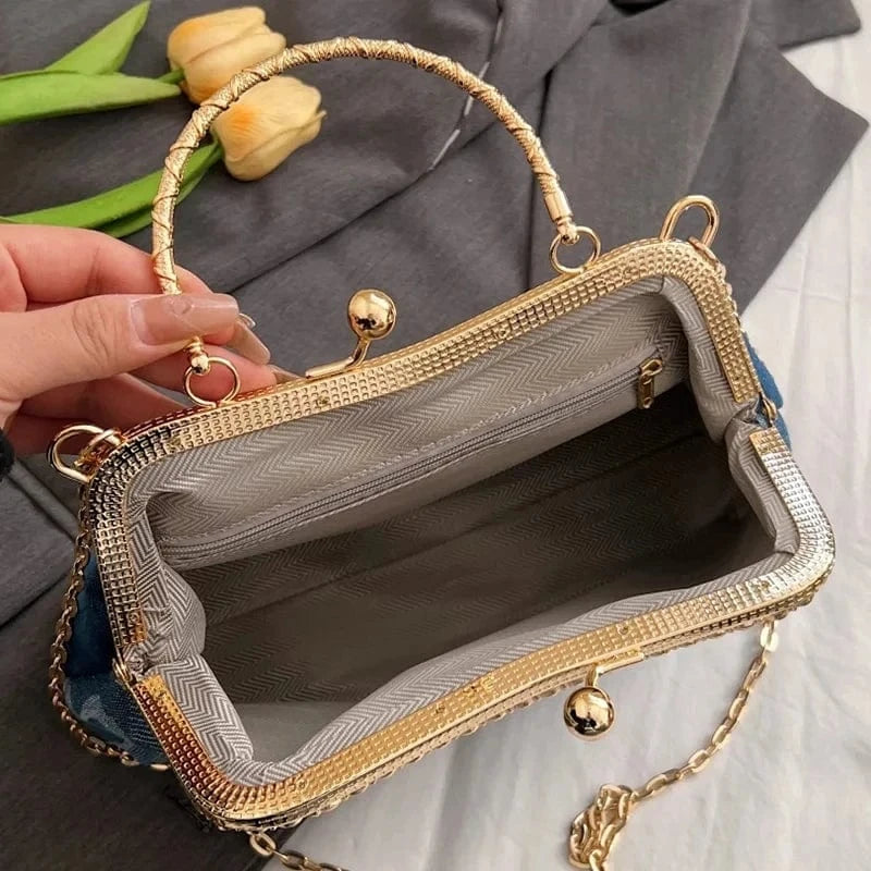 2024 New Vintage Women Crystal Denim Chain Shoulder Bags Metal Handle Kiss Lock Crossbody Bags Kiss Lock Frame Evening Clutch