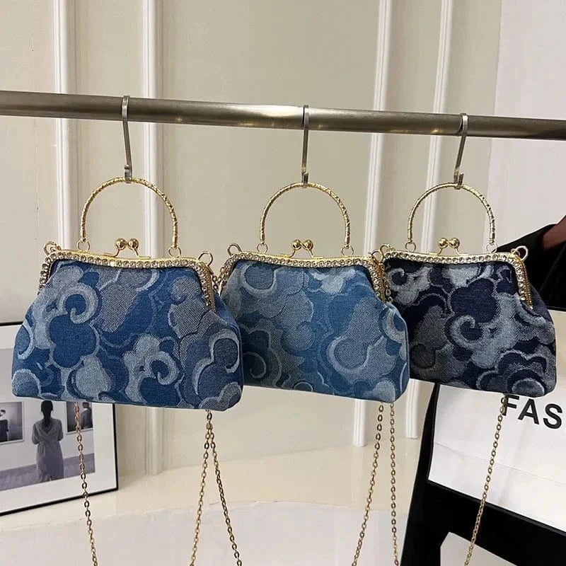2024 New Vintage Women Crystal Denim Chain Shoulder Bags Metal Handle Kiss Lock Crossbody Bags Kiss Lock Frame Evening Clutch