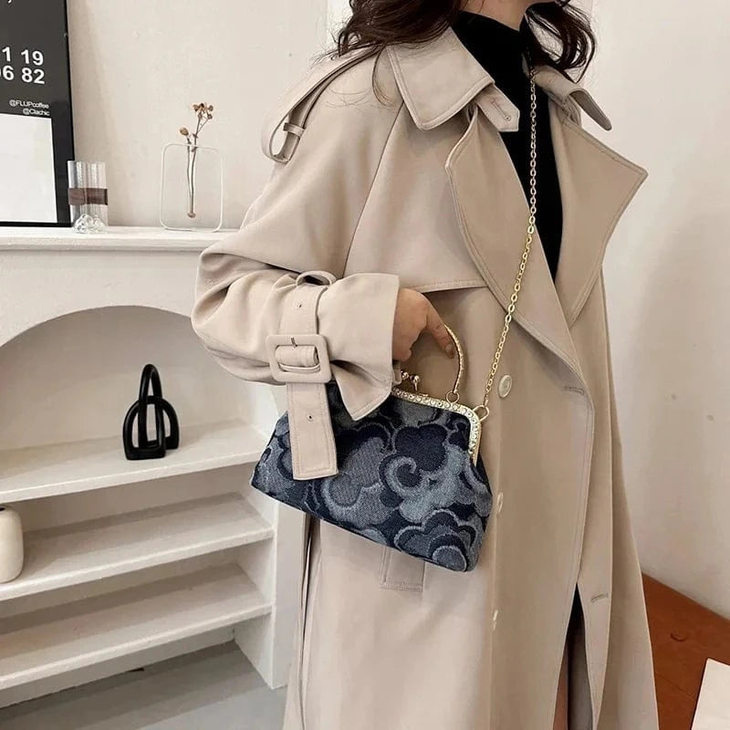 2024 New Vintage Women Crystal Denim Chain Shoulder Bags Metal Handle Kiss Lock Crossbody Bags Kiss Lock Frame Evening Clutch