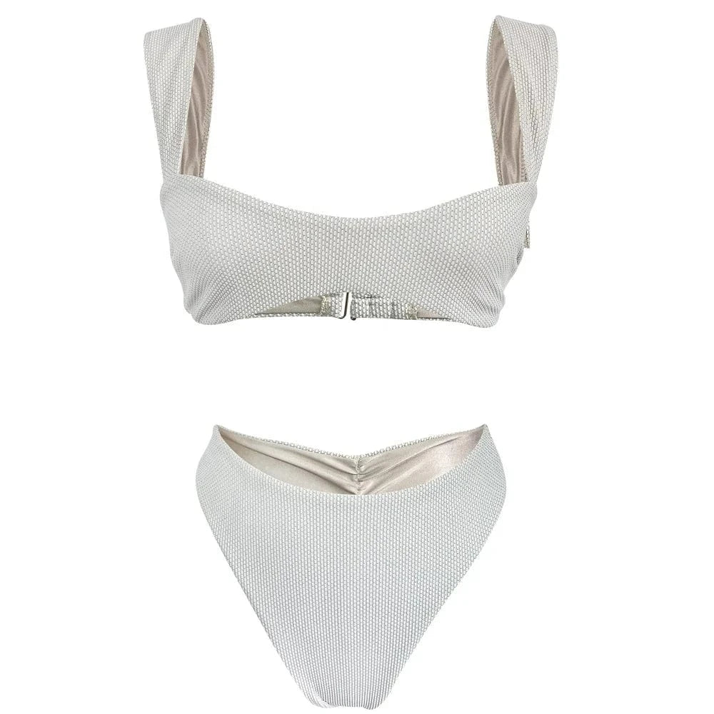 2024 new Wide shoulder straps Bikini Solid Color Swim Swimsuit Beachwear High Waist Swimwear