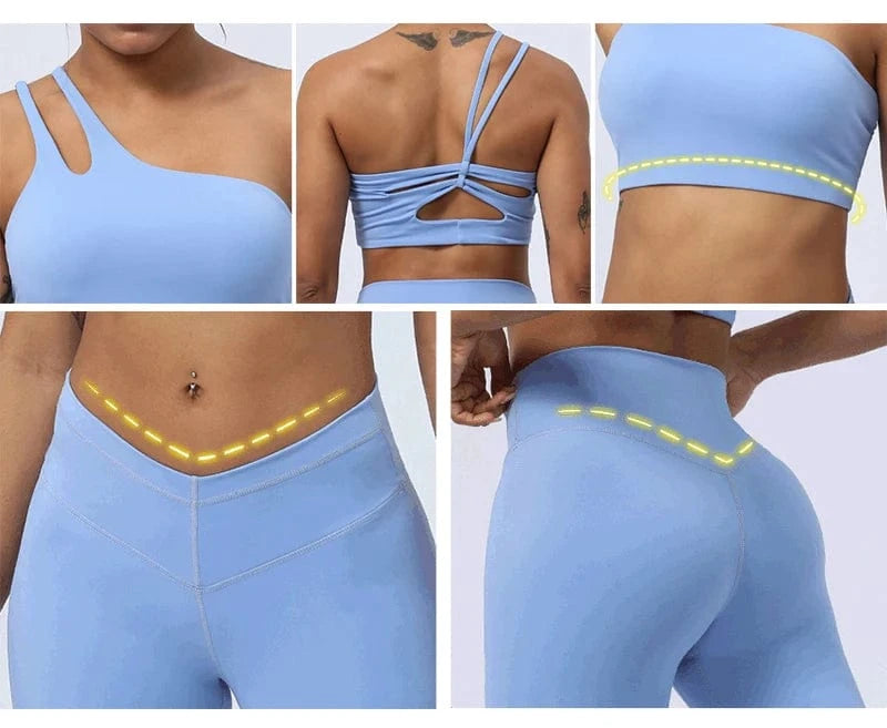 2024 New Women Gym Yoga Set Sexy Breathable Single One Shoulder Yoga Bra And Elastic High Waist V Cut Leggings Gym Fitness Sets