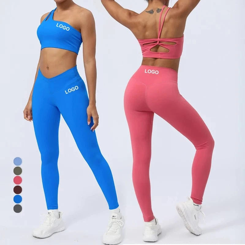 2024 New Women Gym Yoga Set Sexy Breathable Single One Shoulder Yoga Bra And Elastic High Waist V Cut Leggings Gym Fitness Sets