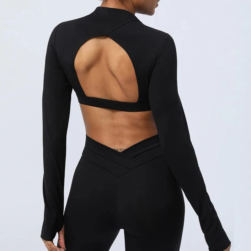 2024 New Women Long Sleeve Removable Pad Back Hollow Out Crop Top Stretch Workout Clothes Quick Dry Gym Wear Shirt For Women