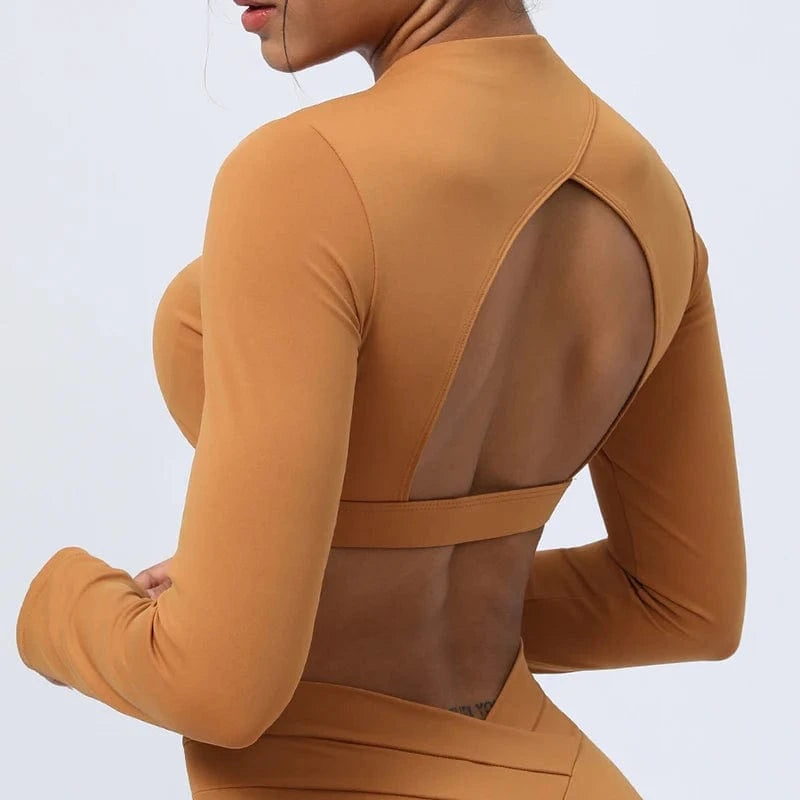 2024 New Women Long Sleeve Removable Pad Back Hollow Out Crop Top Stretch Workout Clothes Quick Dry Gym Wear Shirt For Women