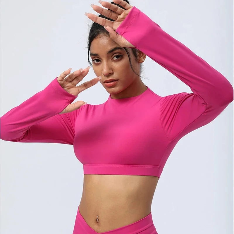 2024 New Women Long Sleeve Removable Pad Back Hollow Out Crop Top Stretch Workout Clothes Quick Dry Gym Wear Shirt For Women