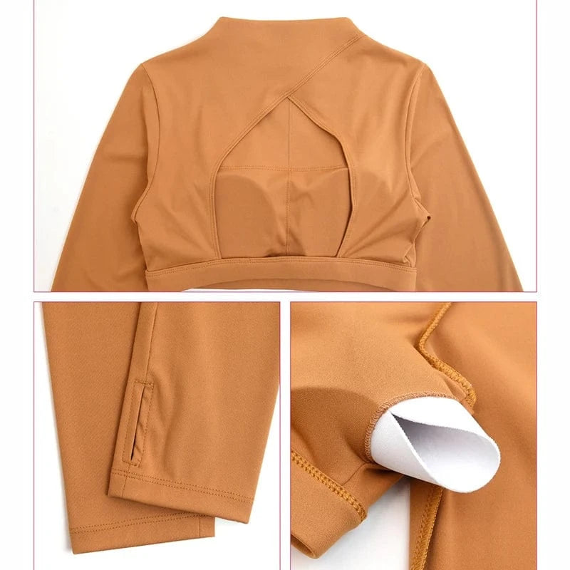 2024 New Women Long Sleeve Removable Pad Back Hollow Out Crop Top Stretch Workout Clothes Quick Dry Gym Wear Shirt For Women