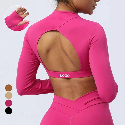 2024 New Women Long Sleeve Removable Pad Back Hollow Out Crop Top Stretch Workout Clothes Quick Dry Gym Wear Shirt For Women