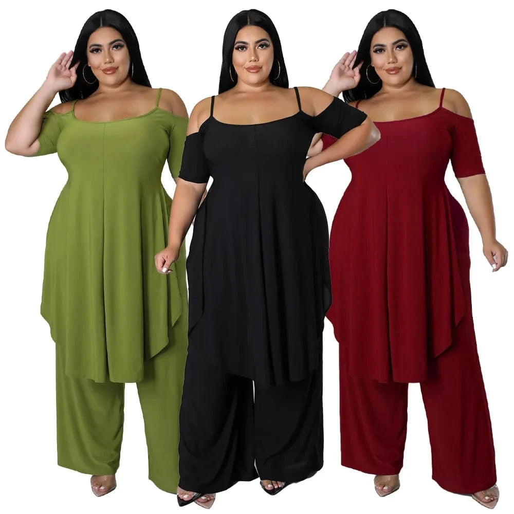 2024 new women plus size women's clothing Solid color sexy halter loose top two piece set