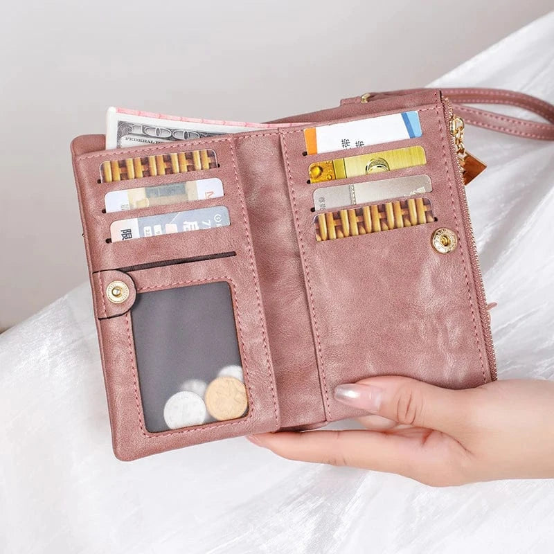 2024 New Women's Wallet Medium Retro Style Zipper Folding Multi Card Large Capacity Handbag Wallet Clip Wrist Strap