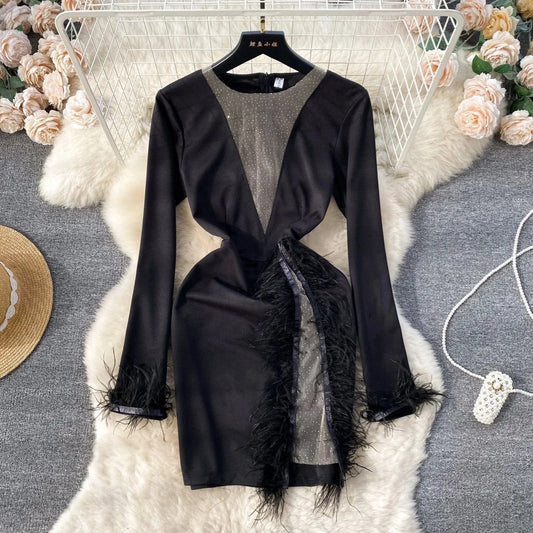 2024 New Womens Sexy Shiny Mesh Feather Patchwork Bodycon Mini Dress For Club Party