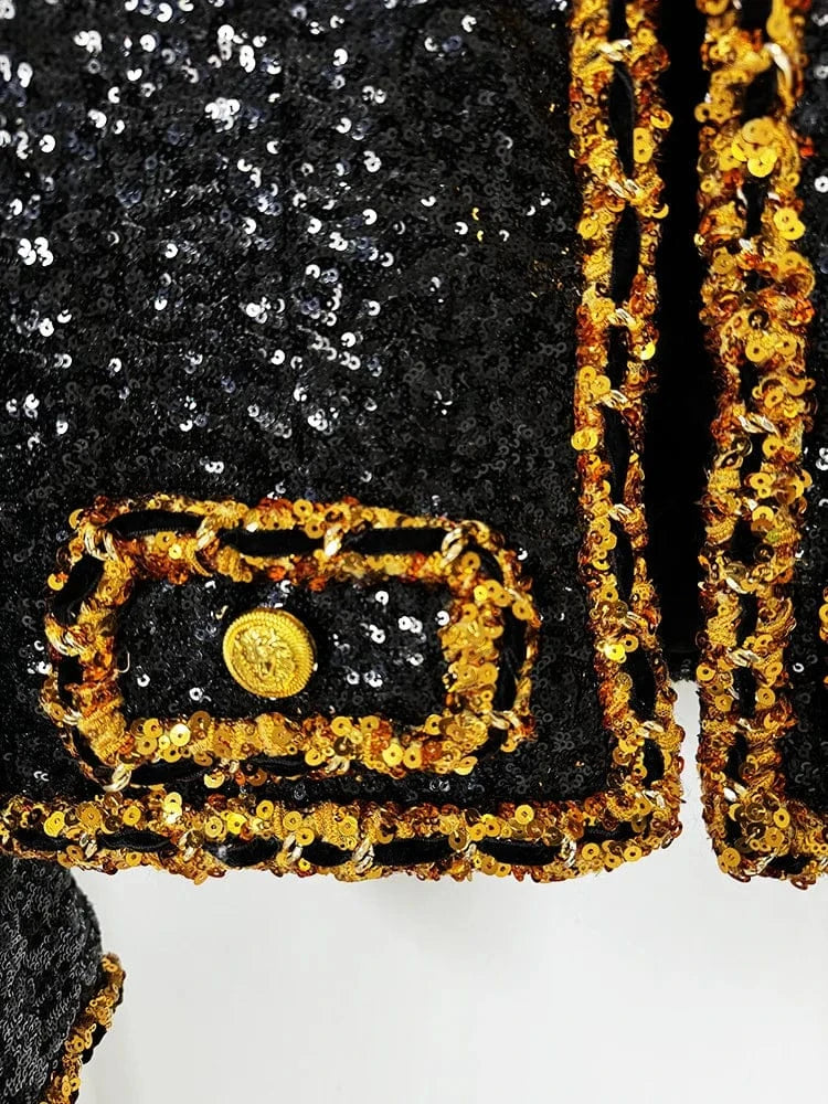 2024 Newest Lady Fine Workmanship All Over Sequins Coat V-neckline Long Sleeve Women Fashion Shinny Short Jacket