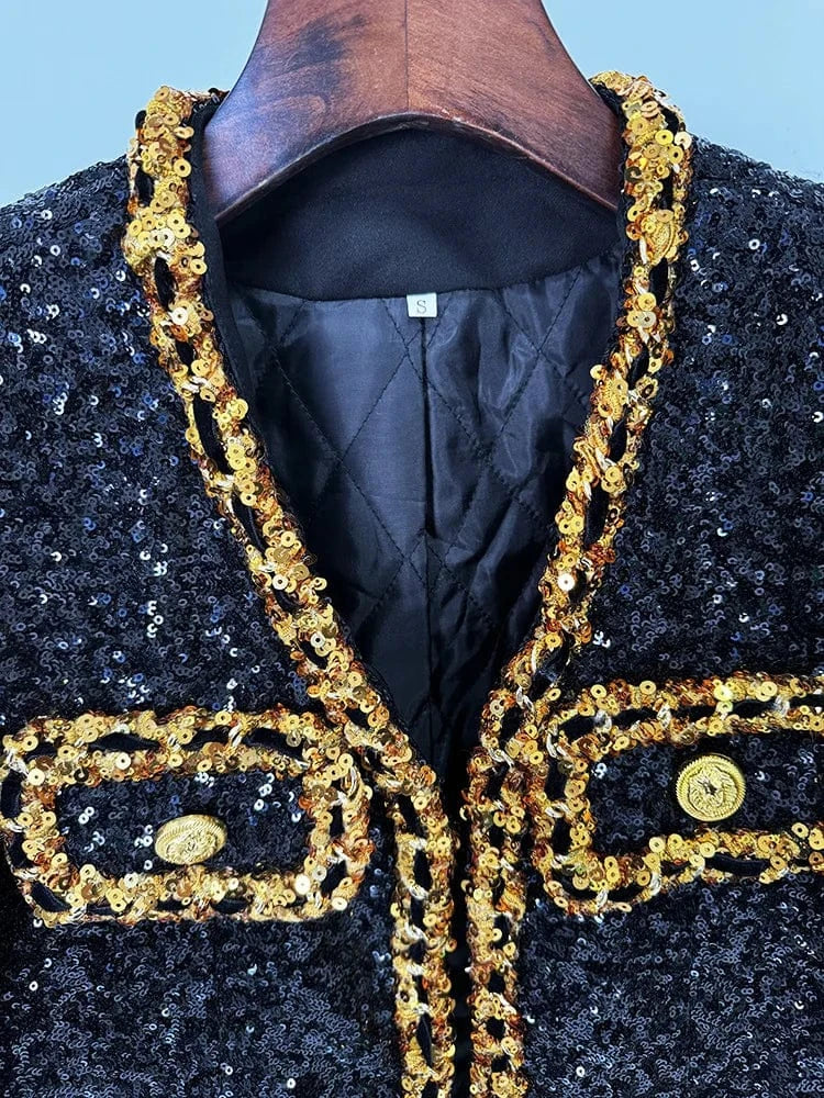 2024 Newest Lady Fine Workmanship All Over Sequins Coat V-neckline Long Sleeve Women Fashion Shinny Short Jacket