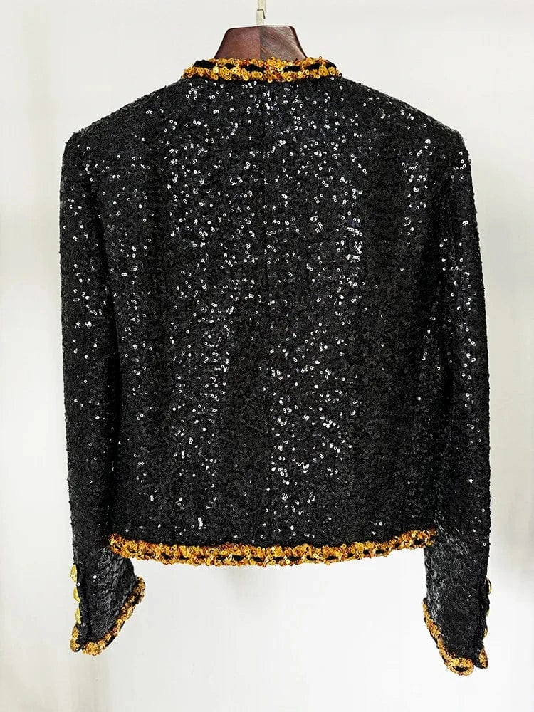 2024 Newest Lady Fine Workmanship All Over Sequins Coat V-neckline Long Sleeve Women Fashion Shinny Short Jacket