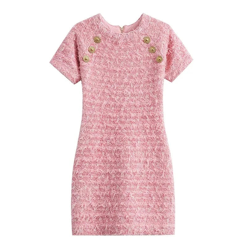 2024 Newest Spring Summer Lady Elegant Style Pink Short Sleeve O-neckline Women Slim Fitted Knit Mini Tassel Dress