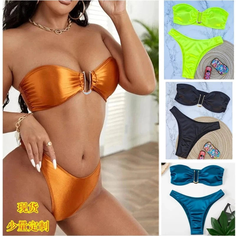 2024 Nwt U Ring Low Cut Bandeau Swimwear Bikini Sets High Cut Strapless Swimsuit Summer Beach Bahing Suit
