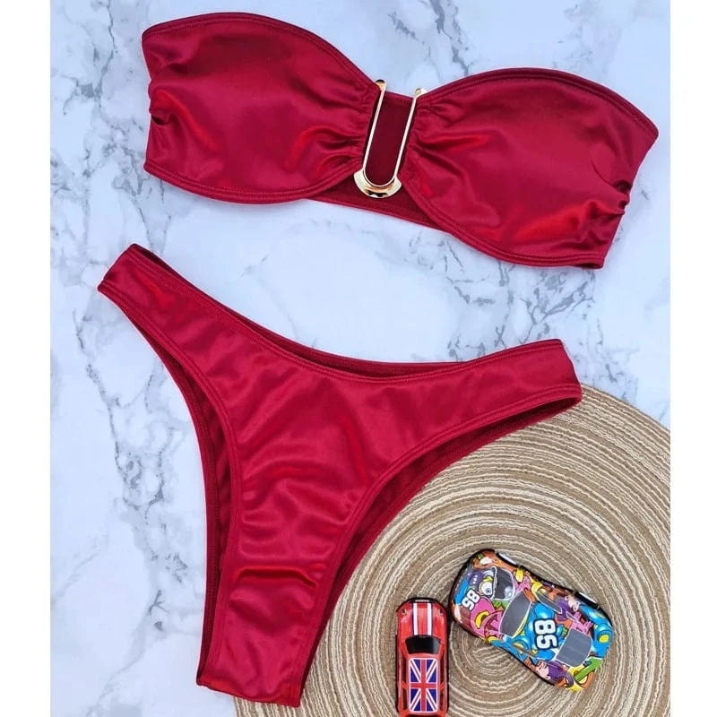 2024 Nwt U Ring Low Cut Bandeau Swimwear Bikini Sets High Cut Strapless Swimsuit Summer Beach Bahing Suit