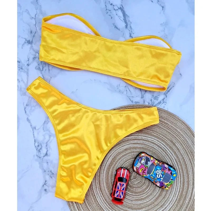 2024 Nwt U Ring Low Cut Bandeau Swimwear Bikini Sets High Cut Strapless Swimsuit Summer Beach Bahing Suit