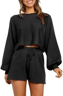 2024 OEM Casual Long Sleeve Solid Color Knit Pullover Sweatsuit 2 Piece Short Sweater Outfits Sets plain sweat suit