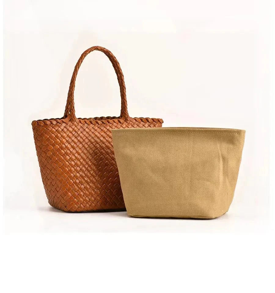 2024 Original New Head Layer Cowhide Woven Vegetable Basket Bag Retro Genuine Leather Handmade Handbags Fashion Mother Pack