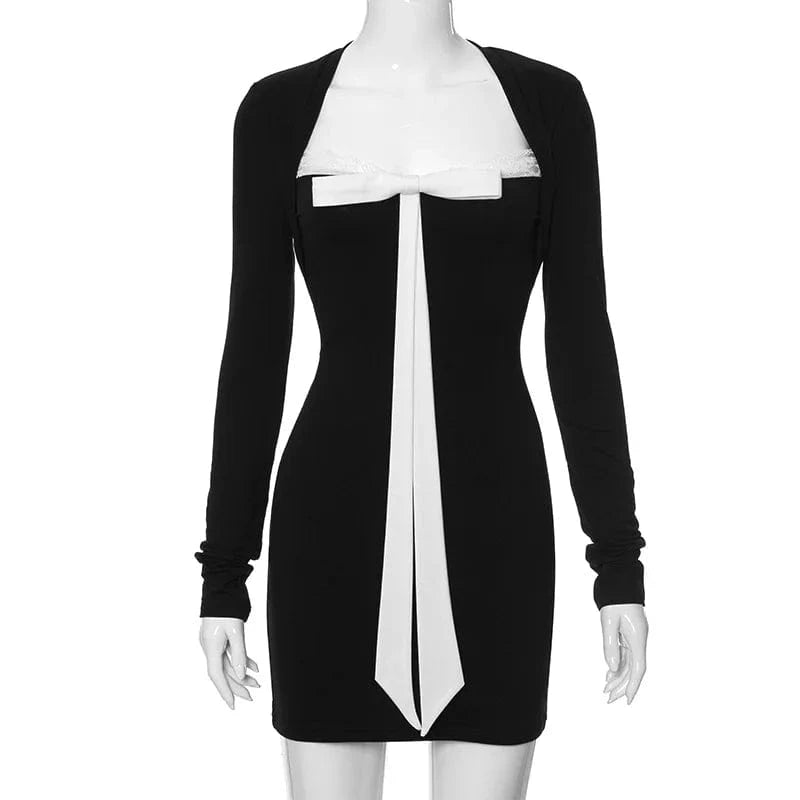 2024 Preppy Style Contrast Color Long Sleeve Square-neck Bow Sexy Black Mini Dress Women