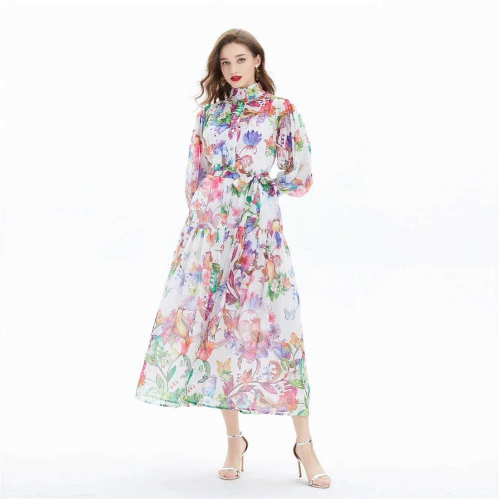 2024 Printed Lotus Leaf Skirt Hem Waist Wrap Dress - Two Piece Set XY2056085
