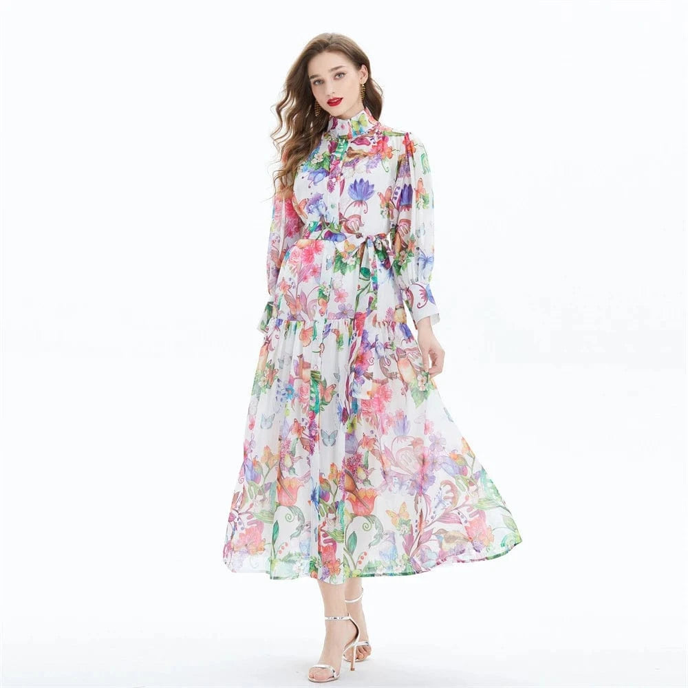 2024 Printed Lotus Leaf Skirt Hem Waist Wrap Dress - Two Piece Set XY2056085