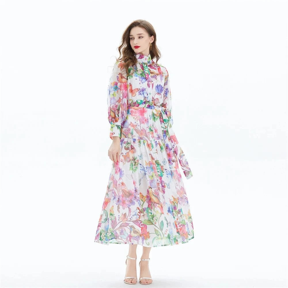 2024 Printed Lotus Leaf Skirt Hem Waist Wrap Dress - Two Piece Set XY2056085