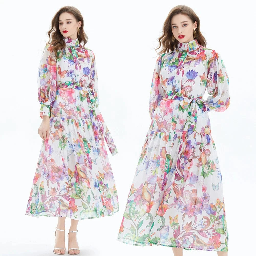 2024 Printed Lotus Leaf Skirt Hem Waist Wrap Dress - Two Piece Set XY2056085