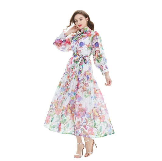 2024 Printed Lotus Leaf Skirt Hem Waist Wrap Dress - Two Piece Set XY2056085