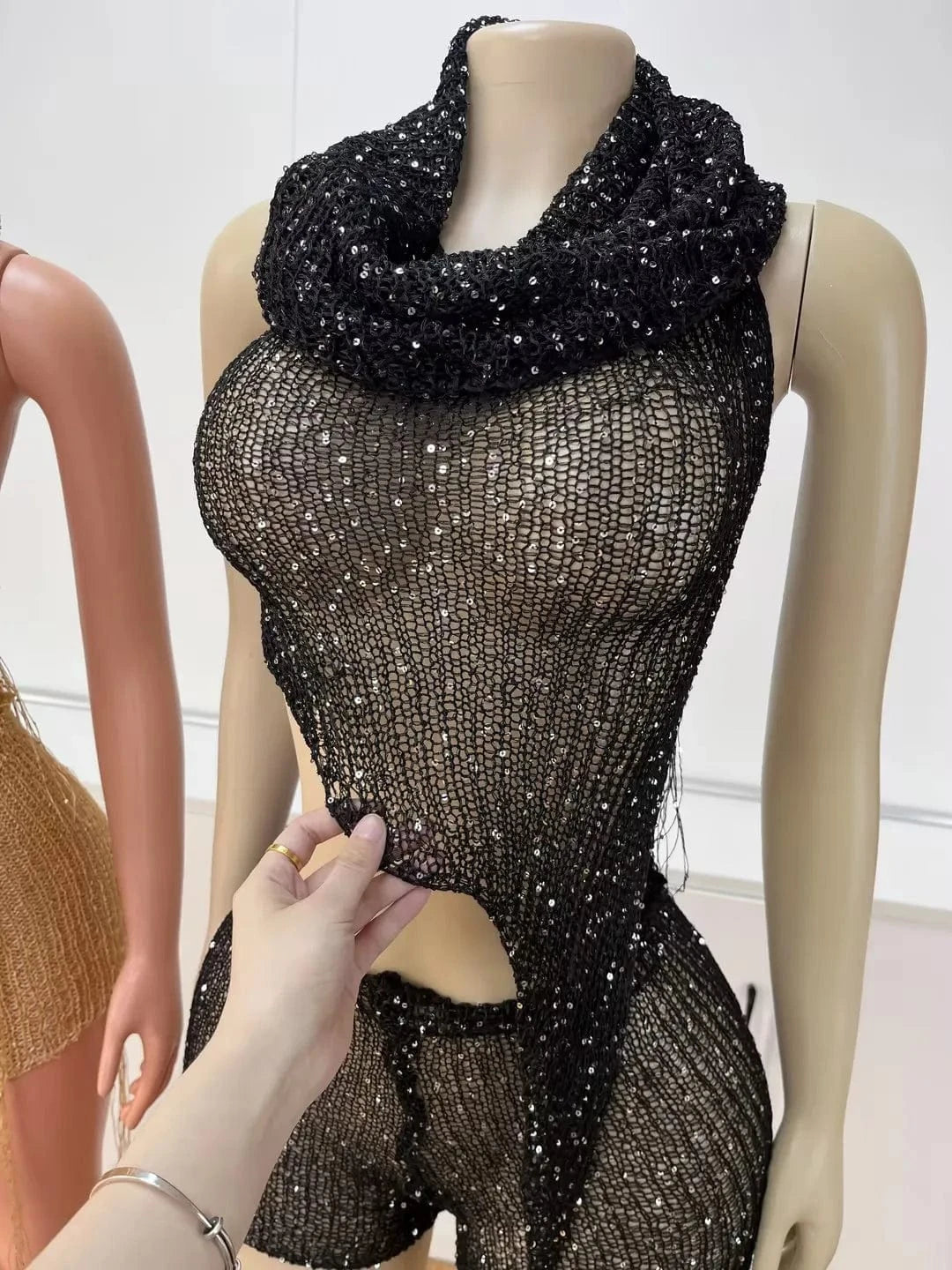 2024 Sequins Knitted 3 Piece Set Hats + Lace Up Halter Backless Irregular Vests Top + Shorts Fashion Sexy Club Suit