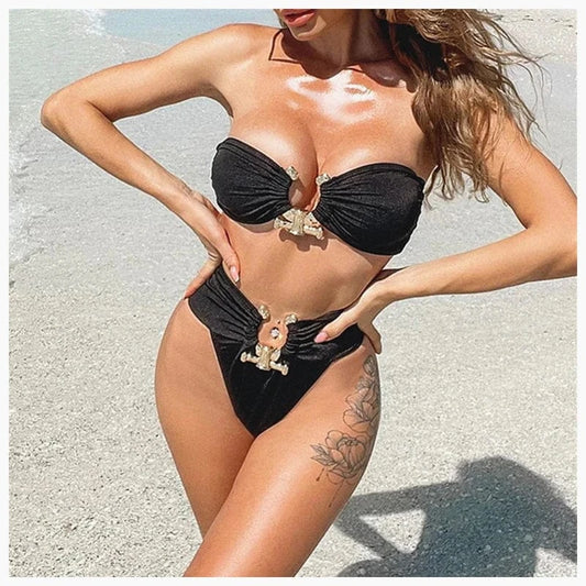 2024 Sexy Brazilian Bikinis Set Hammered Trim Swimwear Women Metal Ring Swimsuit High Waist Swimming Suits for Bathing Suit