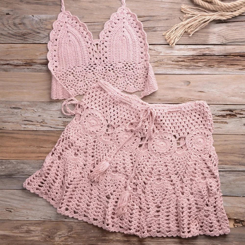 2024 Sexy Crochet Bikini Swimwear Women Two Piece Swimwear Cover Up Swim Skirt Bathing Hollow Out Swimsuit