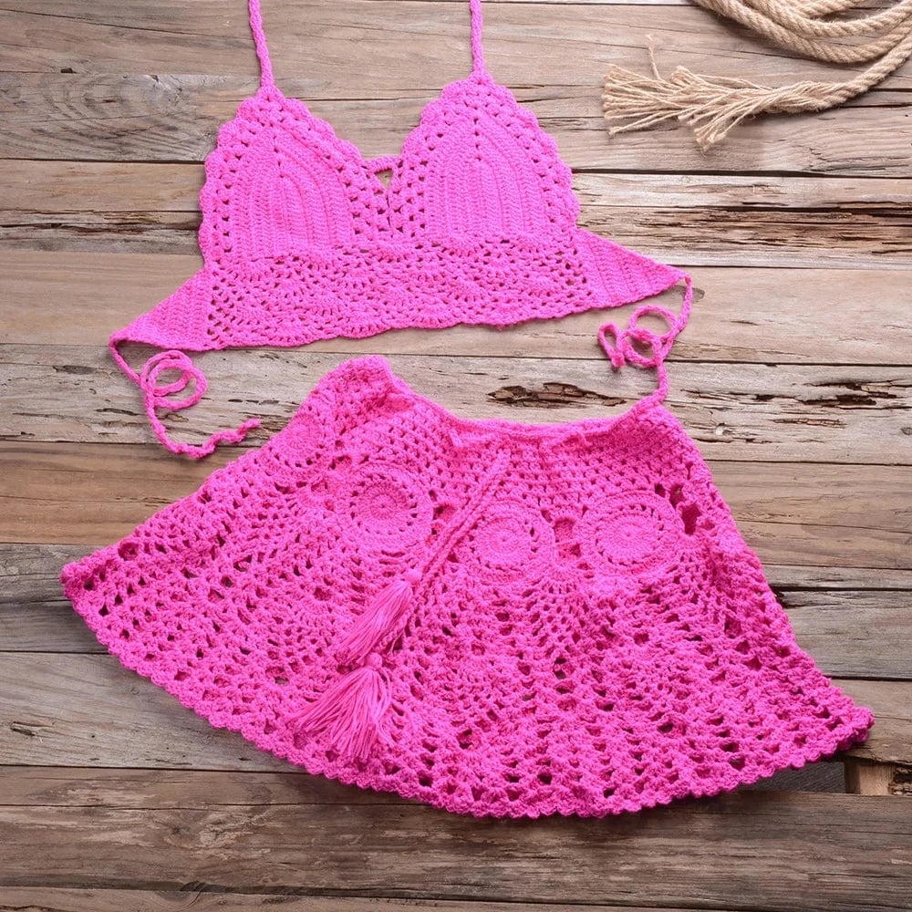 2024 Sexy Crochet Bikini Swimwear Women Two Piece Swimwear Cover Up Swim Skirt Bathing Hollow Out Swimsuit