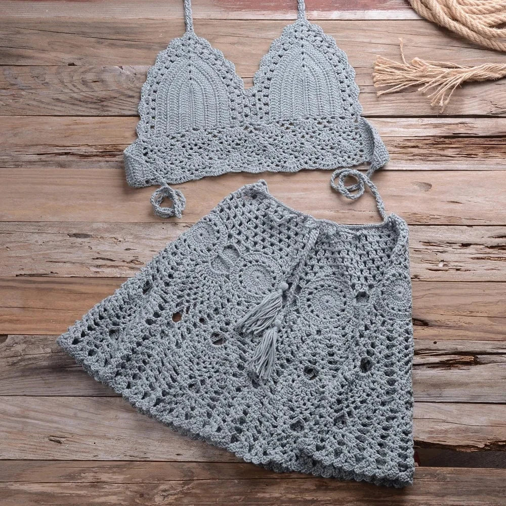 2024 Sexy Crochet Bikini Swimwear Women Two Piece Swimwear Cover Up Swim Skirt Bathing Hollow Out Swimsuit