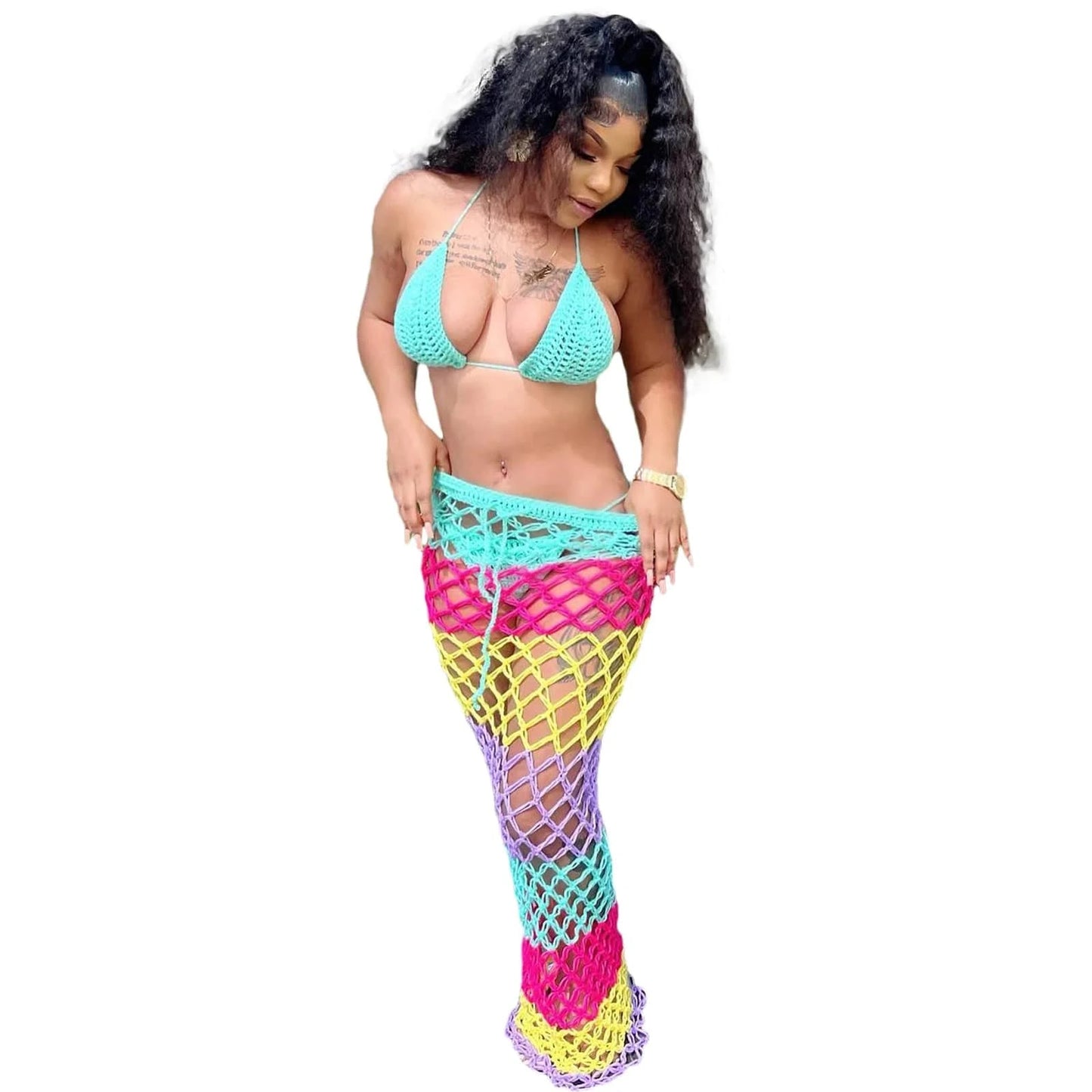 2024 sexy girls brazilian rainbow hand made crochet bikini set with skirt