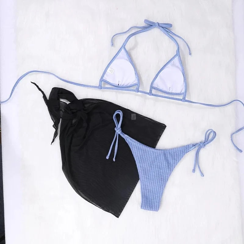 2024 Sexy Halter Hollow Out Mini Bikini Set With Mesh Skirt Triangle Bandage Swimwear Women Ribbed Swimsuit Beach Bathing Suit