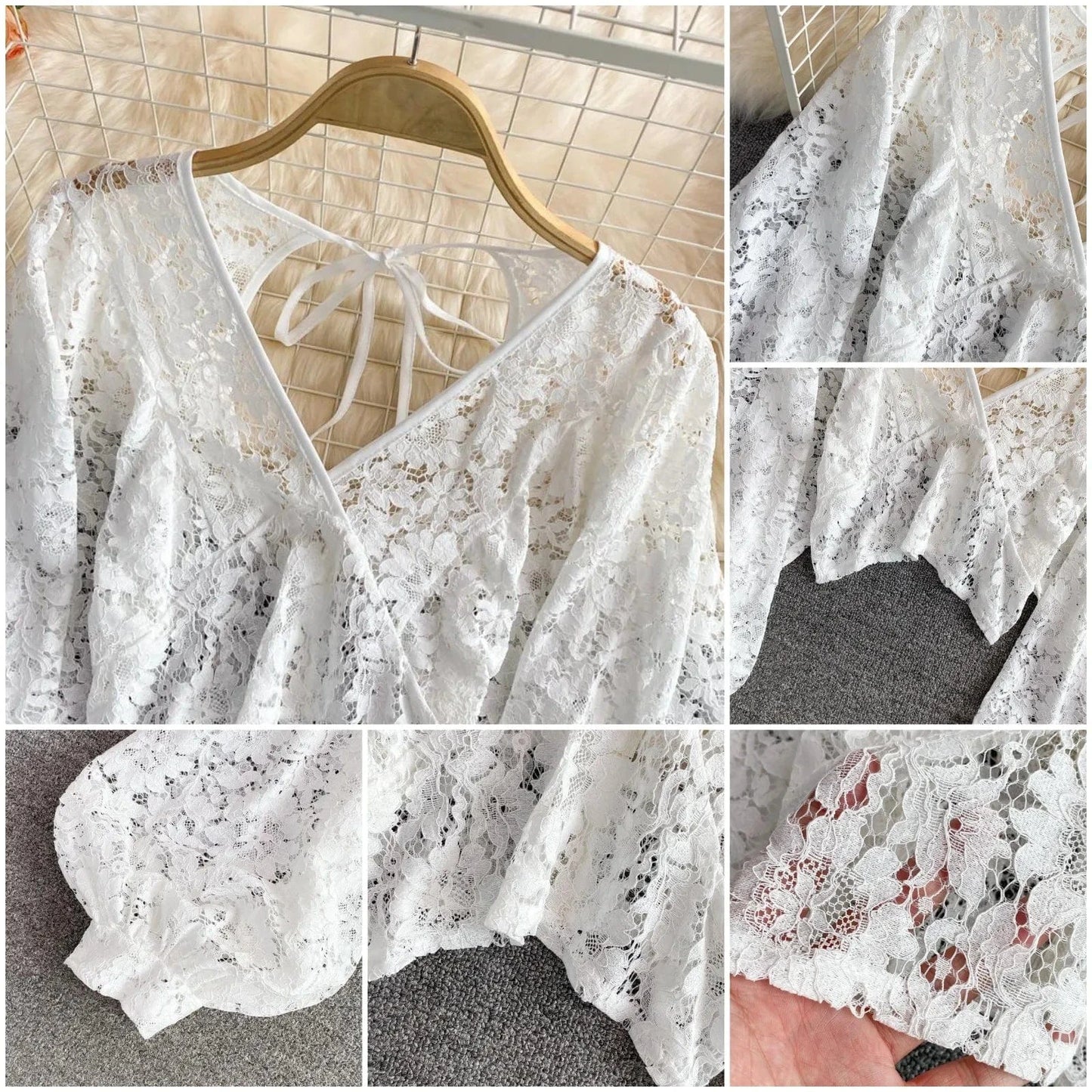 2024 Sexy Lace Hollow Out Blouse Women V-Neck Lantern Sleeve Backless Tops Casual Korean Slim Lace Up Solid Crop Tops 50%