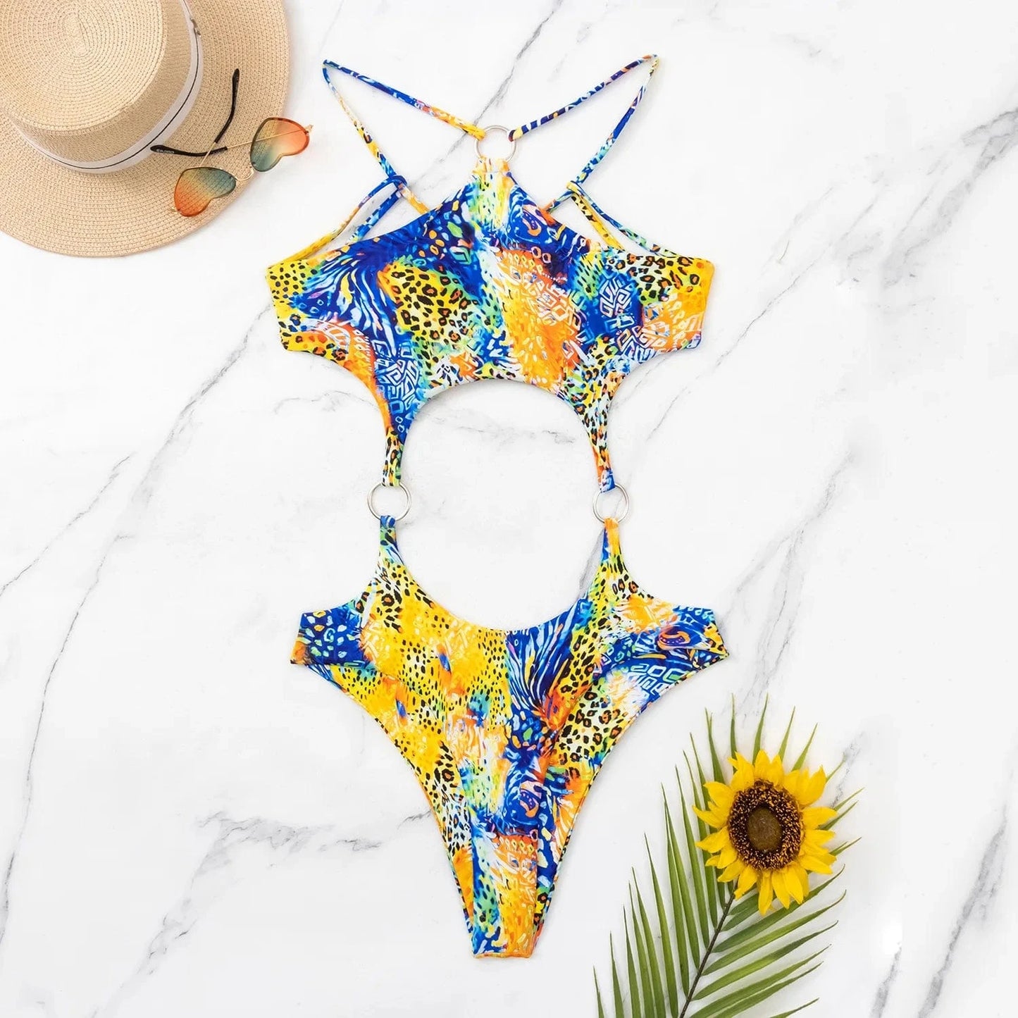 2024 Sexy ring bikini set swimsuit woman hollow out halter one piece swimwear for women