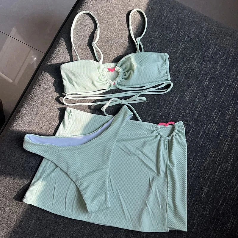 2024 Sexy Spaghetti Strap Bandeau 3 Piece Bikini Set Women Swimsuit Skirt Swimwear Solid Ribbed Push Up Bathing Suit Wholesale