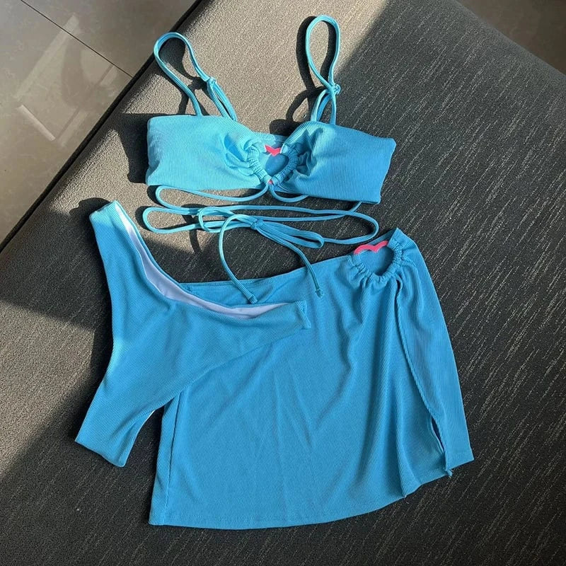 2024 Sexy Spaghetti Strap Bandeau 3 Piece Bikini Set Women Swimsuit Skirt Swimwear Solid Ribbed Push Up Bathing Suit Wholesale