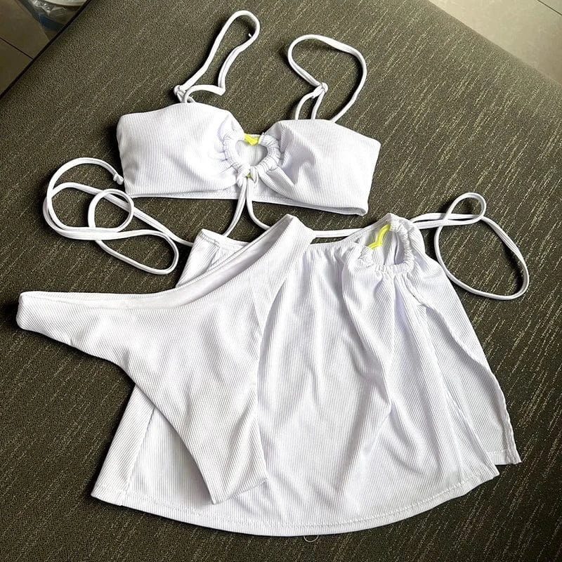 2024 Sexy Spaghetti Strap Bandeau 3 Piece Bikini Set Women Swimsuit Skirt Swimwear Solid Ribbed Push Up Bathing Suit Wholesale