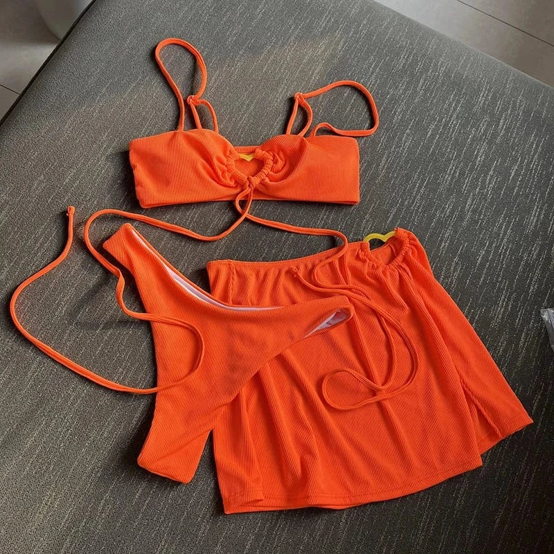 2024 Sexy Spaghetti Strap Bandeau 3 Piece Bikini Set Women Swimsuit Skirt Swimwear Solid Ribbed Push Up Bathing Suit Wholesale