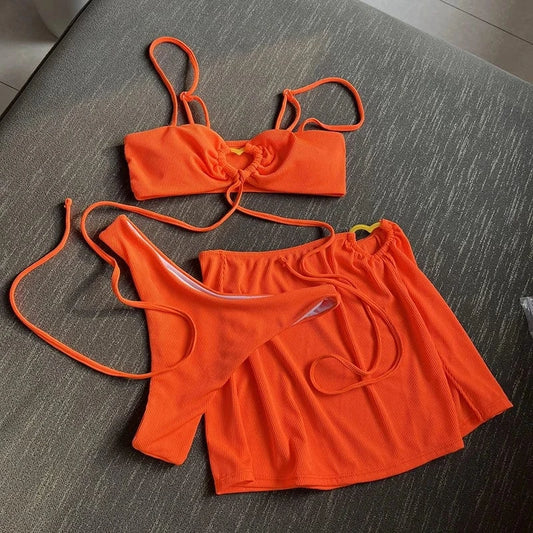 2024 Sexy Spaghetti Strap Bandeau 3 Piece Bikini Set Women Swimsuit Skirt Swimwear Solid Ribbed Push Up Bathing Suit Wholesale